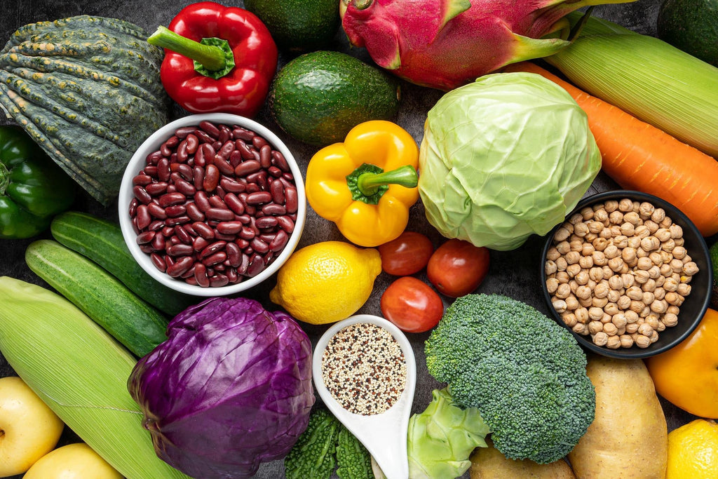 Many superfood vegetables, legumes, fruits 